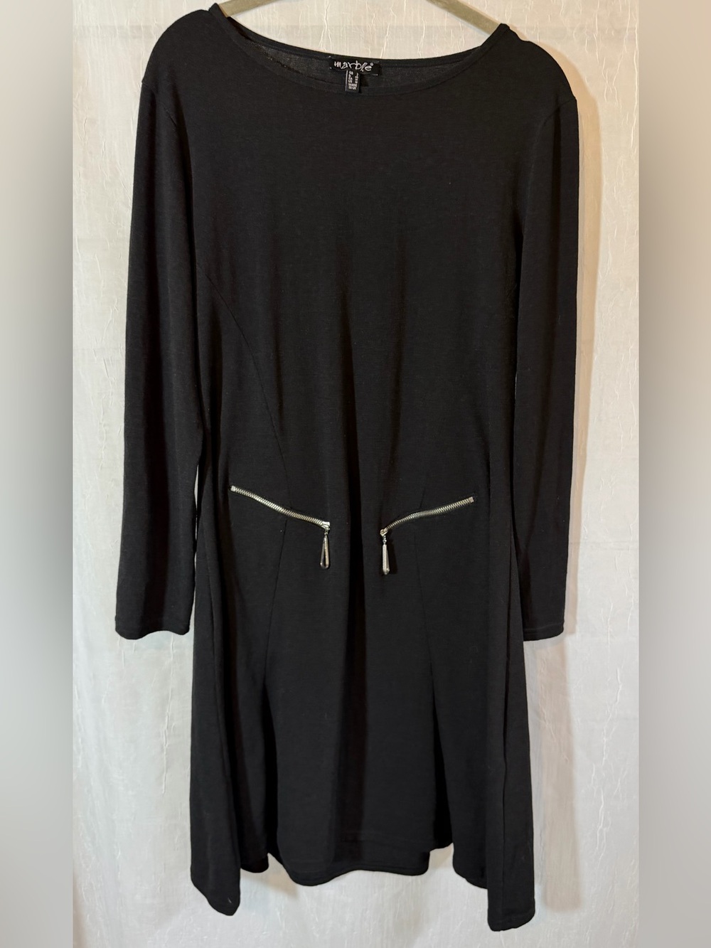 MARBLE M Black Long Sleeve Dress with Silver Zipper Detail
